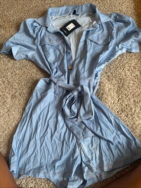 Forget It Puff Sleeve Romper- Light Blue Short Sleeve Tie-Waist Romper Dress